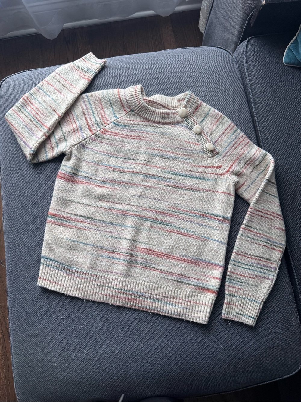 LC Lauren Conrad Cream Striped Crewneck Sweater with Button Shoulder